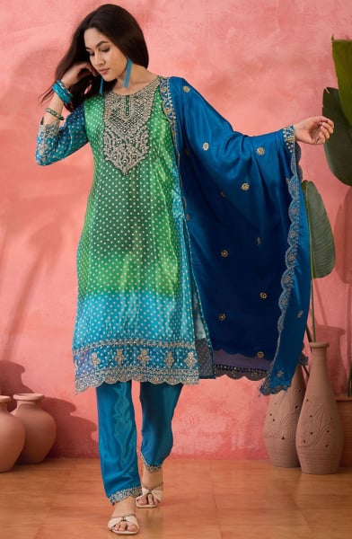 Rama Green and Azure Blue Embroidered Chinnon Silk Readymade Suit