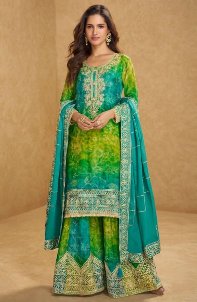 Rama Green and Lime Green Embroidered Chinnon Silk Palazzo Kameez