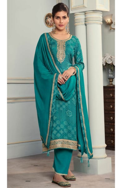 Rama Green Bandhani Print Viscose Munga Silk Pant Kameez