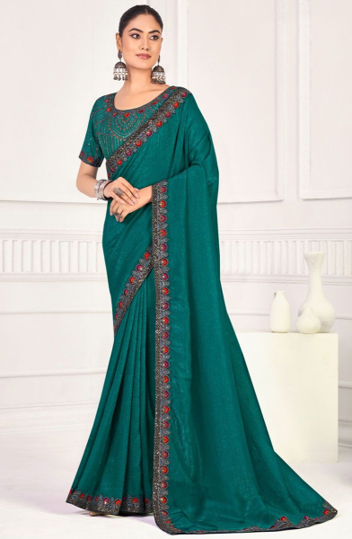Rama Green Chiffon Saree with Embroidered Blouse