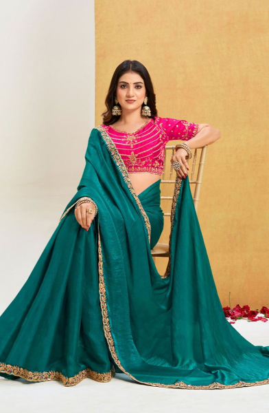 Rama Green Chiffon Saree with Embroidered Blouse