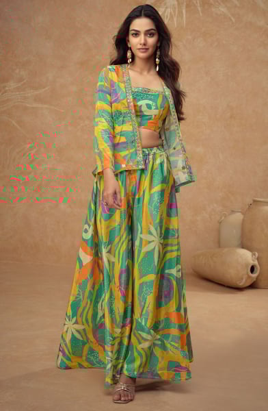 Rama Green Chinnon Designer Indo Western