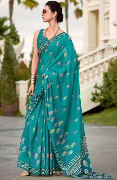Rama Green Digital Print Pure Mal Mal Silk Saree