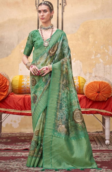 Rama Green Digital Print Silk Saree