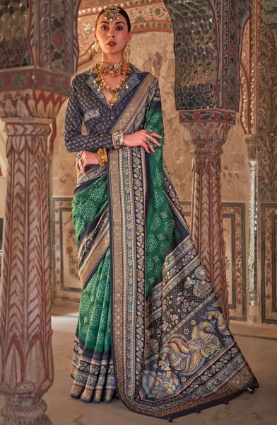 Rama Green Embellished Viscose Silk Saree