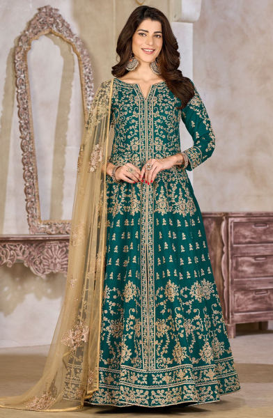 Rama Green Embroidered Art Silk Lehenga Kameez