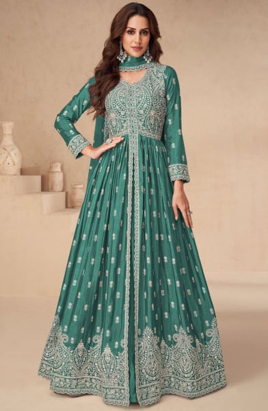 Rama Green Embroidered Chinnon Lehenga Kameez
