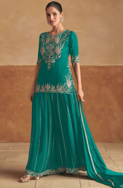Rama Green Embroidered Chinnon Lehenga Kameez