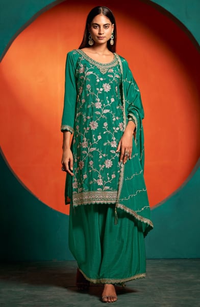 Rama Green Embroidered Chinnon Palazzo Kameez