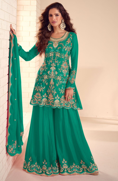 Rama Green Embroidered Chinnon Palazzo Kameez
