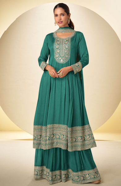 Rama Green Embroidered Chinnon Palazzo Kameez