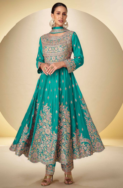 Rama Green Embroidered Chinnon Pant Kameez