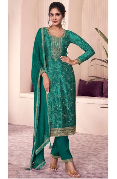Rama Green Embroidered Chinnon Pant Kameez