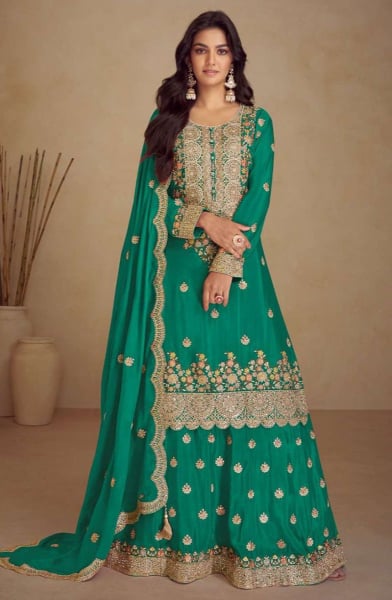 Rama Green Embroidered Chinnon Readymade Lehenga Kameez