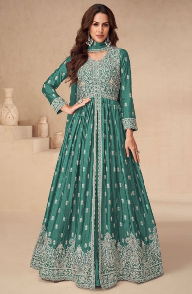 Rama Green Embroidered Chinnon Silk Designer Lehenga Kameez