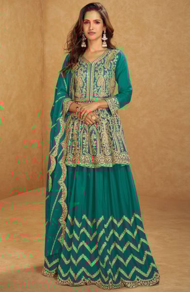 Rama Green Embroidered Chinnon Silk Lehenga Kameez