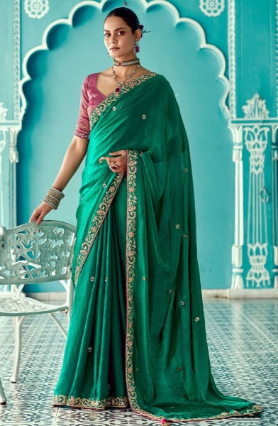 Rama Green Embroidered Designer Saree for Ceremonial