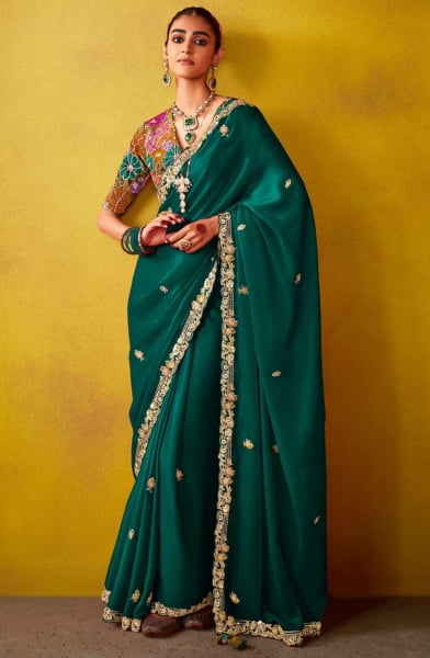 Rama Green Embroidered Designer Saree for Ceremonial