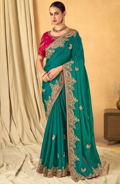 Rama Green Embroidered Designer Saree for Wedding