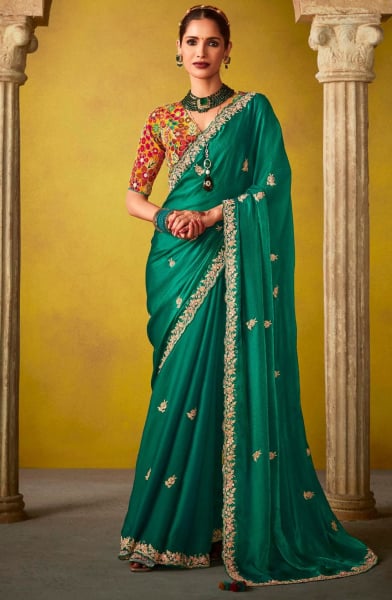 Rama Green Embroidered Designer Saree for Wedding