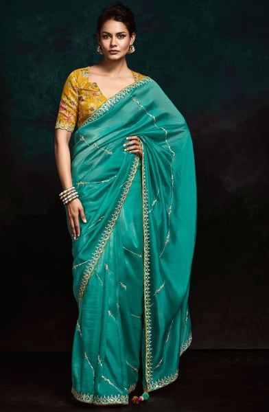 Rama Green Embroidered Designer Saree for Wedding