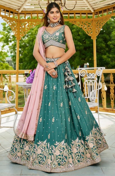 Rama Green Embroidered Faux Chiffon Designer Lehenga Choli