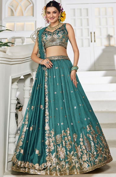 Rama Green Embroidered Faux Georgette Designer Lehenga Choli