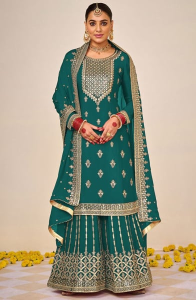 Rama Green Embroidered Faux Georgette Palazzo Kameez