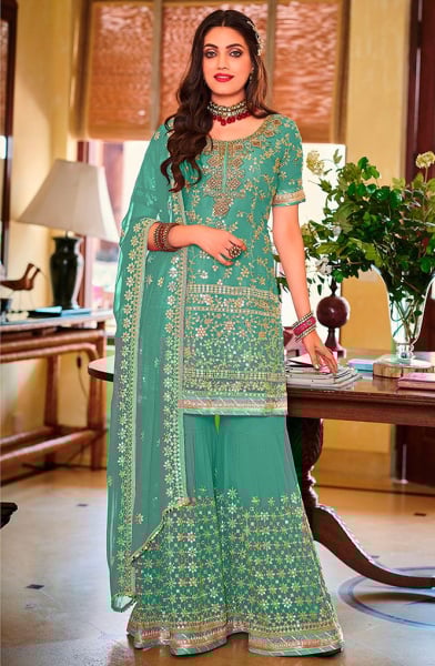 Rama Green Embroidered Faux Georgette Sarara Kameez