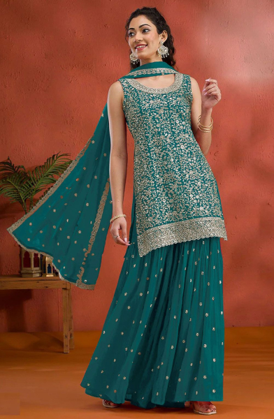 Rama Green Embroidered Georgette Sarara Kameez