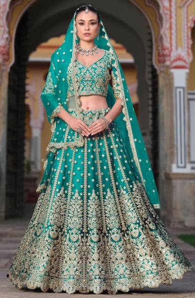 Rama Green Embroidered Net Bridal Lehenga Choli