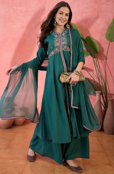 Rama Green Embroidered Roman Silk Palazzo Kameez