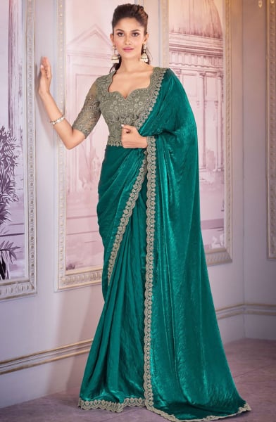 Rama Green Embroidered Satin Organza Designer Saree