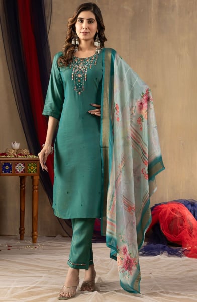 Rama Green Embroidered Shimmer Silk Pant Kameez