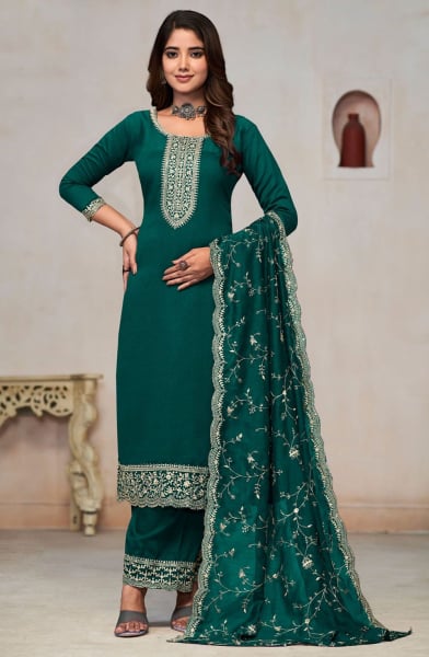 Rama Green Embroidered Silk Trouser Kameez