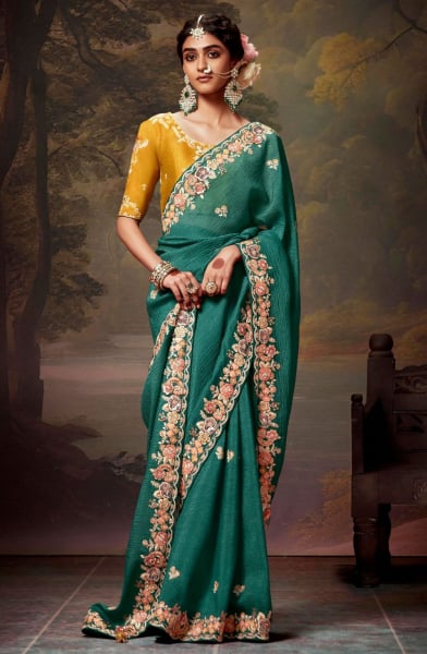 Rama Green Embroidered Tissue Organza Saree