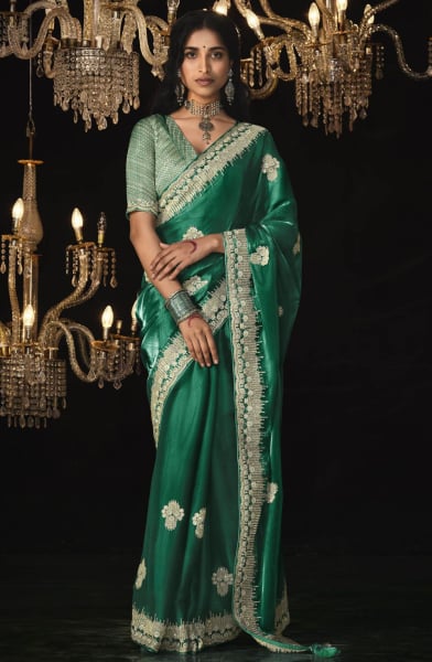 Rama Green Embroidered Tissue Silk Designer Saree