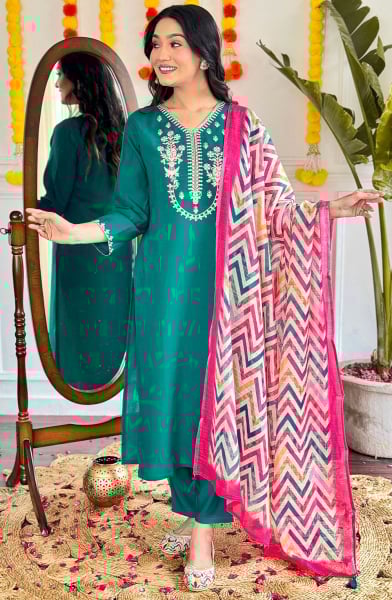 Rama Green Embroidered Viscose Chanderi Readymade Suit