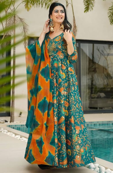 Rama Green Flared Silk Anarkali Gown with Dupatta