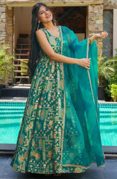 Rama Green Flared Silk Anarkali Gown with Dupatta