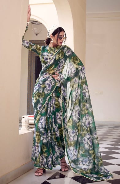 Rama Green Floral Print Chiffon Saree