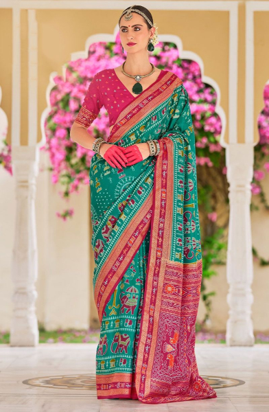 Rama Green Foil Print Silk Saree for Festival