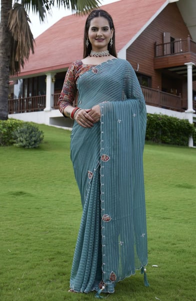 Rama Green Georgette Party Wear Saree