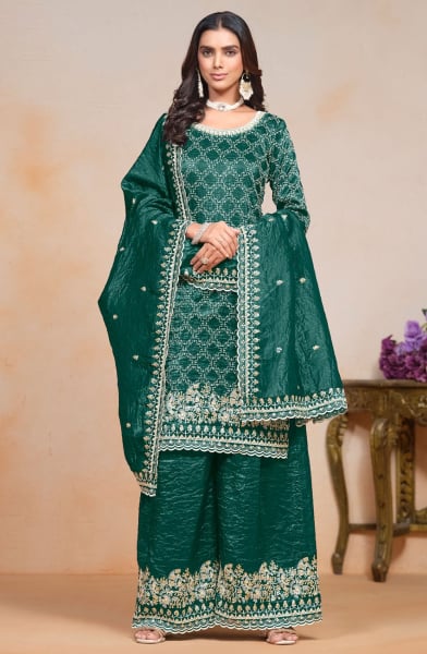 Rama Green Gold Crush Embroidered Palazzo Kameez Suit