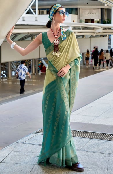Rama Green Handloom Silk Printed Saree