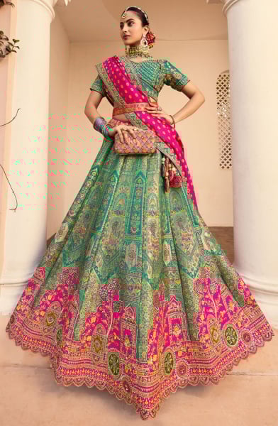 Rama Green Handwork Banarasi Silk Bridal Lehenga Choli