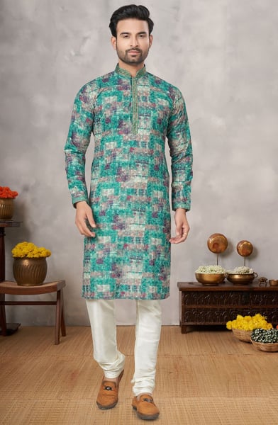 Rama Green Heavy Cotton Sequins work Kurta Set