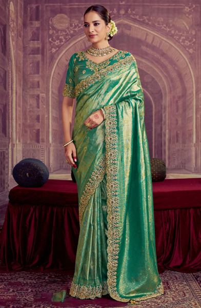 Rama Green Kanjivaram Pure Zari Silk Heavy Embroidered Saree for Ceremonial