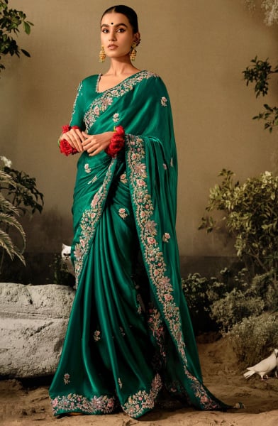 Rama Green Khatli Work Designer Saree for Ceremonial