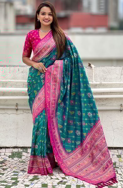Rama Green Meenakari Patola Silk Saree